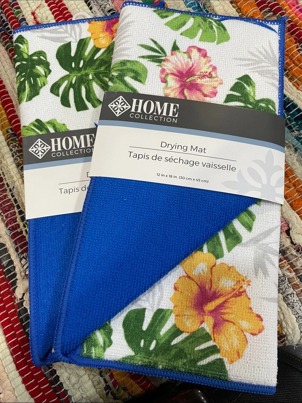 Set of 2 Home Collection Blue Tropical Hibiscus and palm Drying Mats